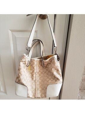 Coach Beige Signature Canvas Shoulder Bag with White Trim